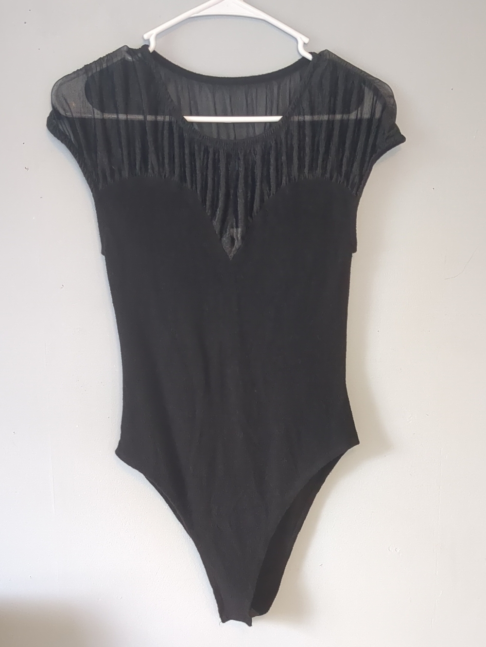 glam Black Stretch Sheer Yoked Bodysuit Top Size S